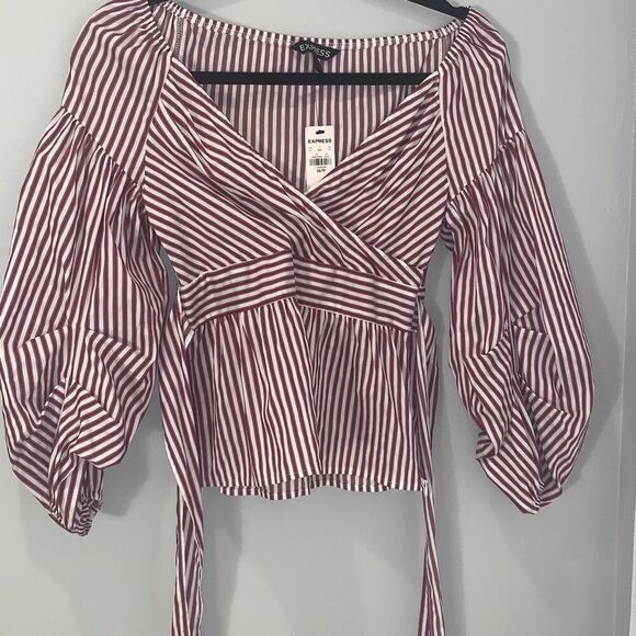 NWT Express Women's Preppy Striped Wrap Blouse Puffed Sleeves Top Red White XS - Picture 1 of 8